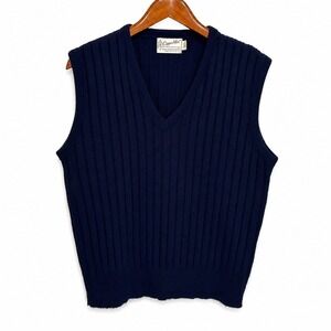Vintage Clipper Mist Navy Blue Ribbed V-Neck Sweater Vest Mens Large Made in USA